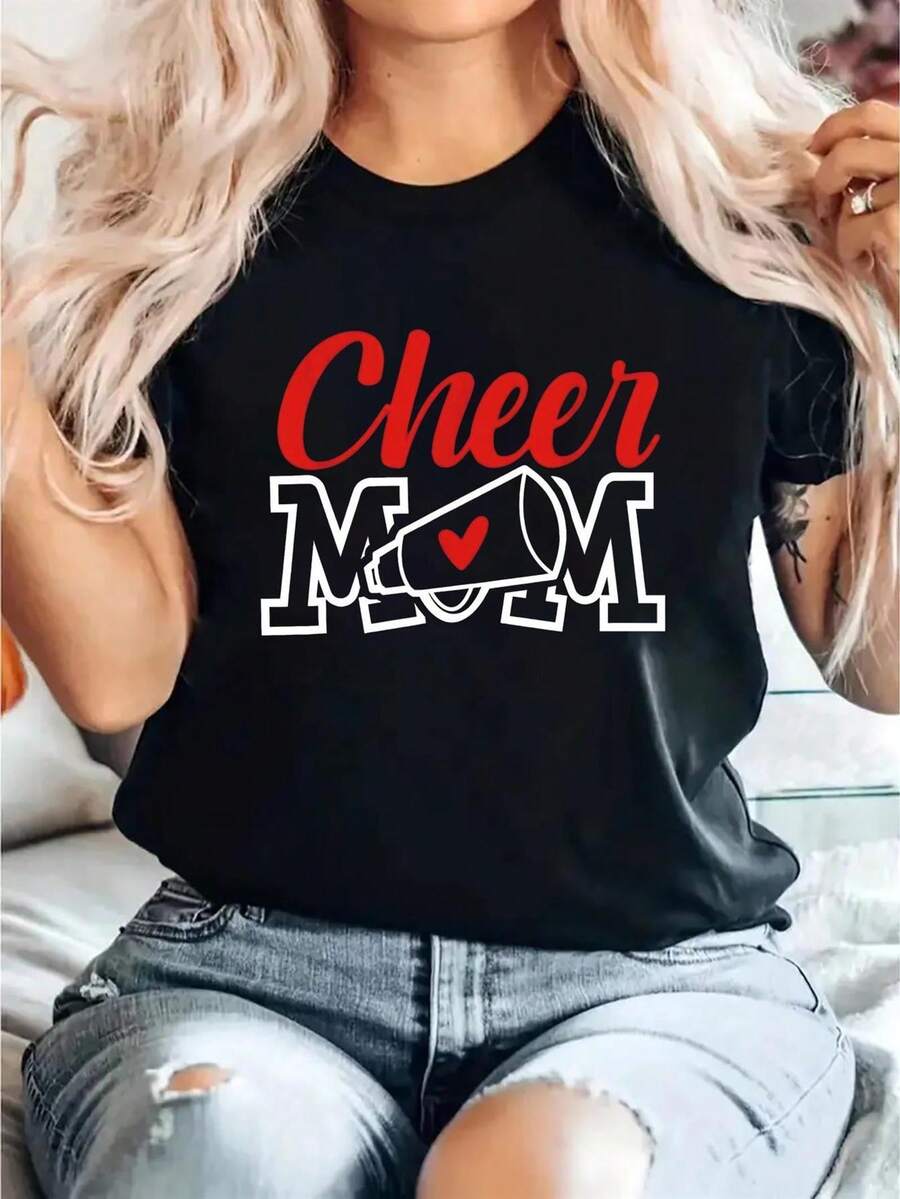 For Cheer Mom T-Shirt - Comfortable And Breathable Short-Sleeve Crew Neck Top Featuring Prominent for Cheer Mom Lettering And a Pom-Pom Design, Suitable for Machine Washing. Ideal Casual Tee for Cheerleading Parents During Spring And Summer