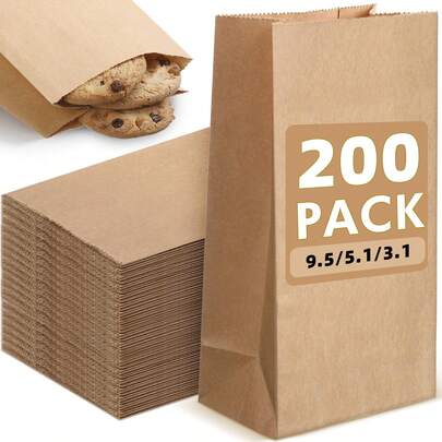 200pcs Brown Kraft Paper Lunch Bags, 4 Lbs Capacity, 5.1 X 3.1 X 9.5 Inches, Fold-Top, Disposable, Brown, Suitable For Sandwiches, Bread, Coffee Beans, Cookies, Candies And Other Dry Foods