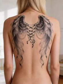 Large Temporary Tattoo With Wing And Bowknot Pearl Ribbon Wing Pattern, Waterproof And Sweat-Resistant, Lasts 1-2 Weeks, Herbal Backside Tattoo Design, Suitable For Adults, Realistic Effect, No Glue And Non-Reflective - Black - View 5