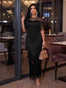 SHEIN Lady Đầm ôm tua rua lưới đính sequin dự tiệc thanh lịch dành cho nữ - màu đen - Xem 3