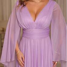 Luxury Long Dress With Flowing Sleeves And Deep Neckline – Timeless Elegance And Sparkle For Parties* - 紫丁香色 - 查看 9