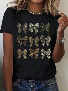 [Women's Camouflage Bow T-Shirt] Stylish And Lightweight Women's Camouflage Bow Graphic Print T-Shirt | Short Sleeve Neck Casual Top, Breathable Summer And Spring Tee, Machine Washable Regular, Ladies' T-Shirts, Everyday Tee, Printed T-Shirt, Adults - 黑色 - 查看 1