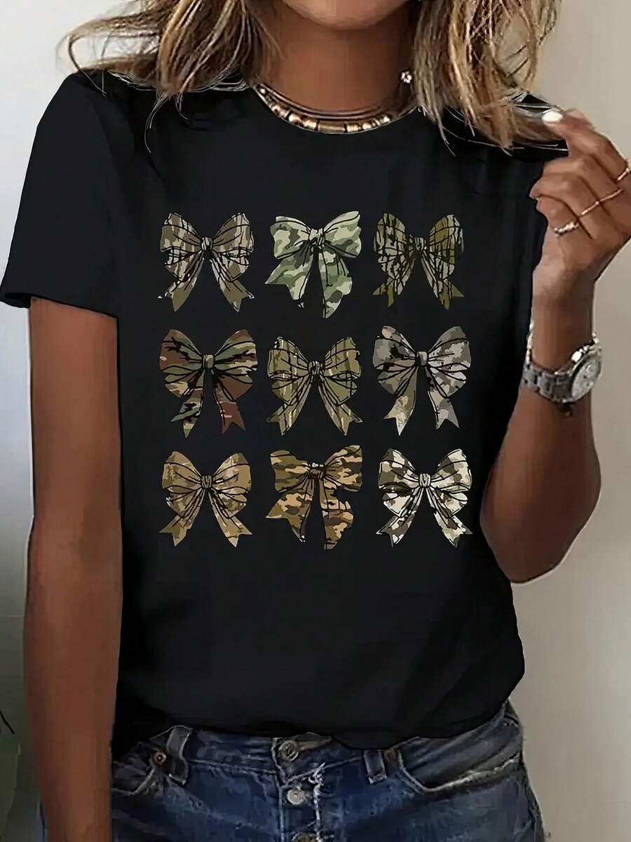[Women's Camouflage Bow T-Shirt] Stylish And Lightweight Women's Camouflage Bow Graphic Print T-Shirt | Short Sleeve Neck Casual Top, Breathable Summer And Spring Tee, Machine Washable Regular, Ladies' T-Shirts, Everyday Tee, Printed T-Shirt, Adults - 黑色 - 查看 1