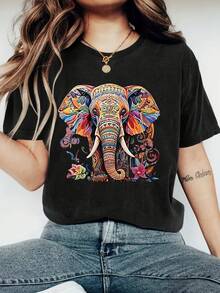 GiftGiftPlus Size - A Stylish Short-Sleeved T-Shirt With A Round Neck And A Vibrant Elephant Print, Perfect For Casual Wear In Spring, Summer, And Autumn. Available In Various Colors And Sizes Ranging From S To XXL. - Black - View 7