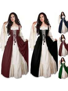 Women's Halloween Costume Two-Piece Retro Palace Dress Medieval Drama Stage Costume Women's Fancy Dress Outfit - Black - View 2