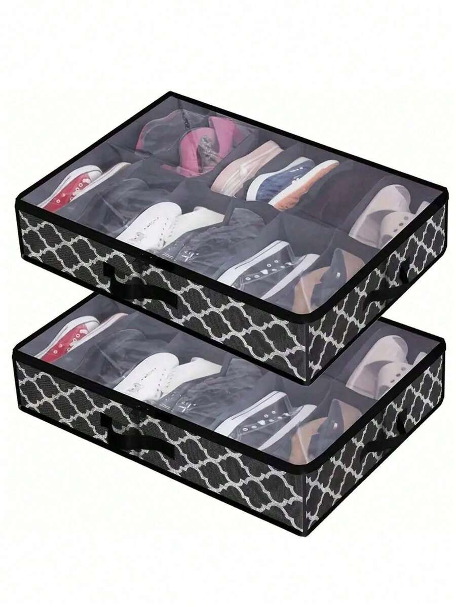 Sturdy Under Bed Shoe Storage Organizer, Set Of1/ 2, Fits Total 12/24 Pairs, Underbed Shoes Closet Storage Solution With Clear Window, Breathable, 29.3"X23.6"X5.9", Under-Bed Storage - 黑色線條 - 查看 1