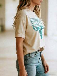 GiftGiftGraphic Tees2026 Women's Western Cowboy Style T-Shirt With Turquoise Boots, Elegant Casual Shirt, Sportswear, 100% Cotton, Breathable And Comfortable, Round Neck, Short Sleeve, Polyester Fabric, Fashionable For Everyday Summer Wear - Unisex Loose Fit 100% Cotton T-Shirt, Soft Summer Tops - 杏色 - 查看 4