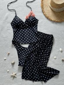 Damen 3-teiliges elegantes, sexy Polka Dot Mesh Rückenfreies Blumen Mesh Rock Bikini Set, geeignet für Strand, Urlaub, Reise, Bühnenauftritte, tägliche Dates, Sommer - Schwarz und Weiss - Übersicht 2