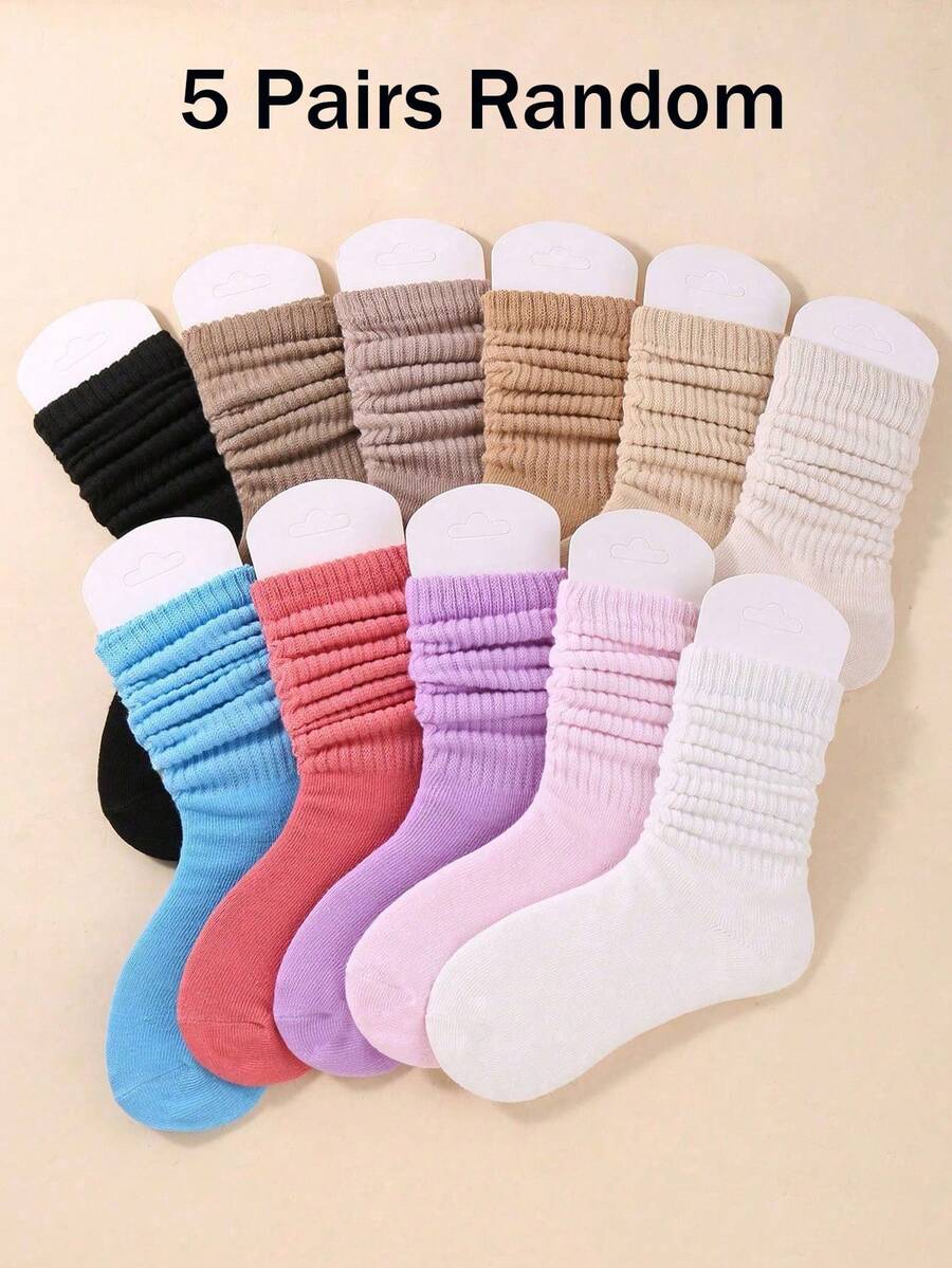 5 Pairs Kids Random Solid Color Loose Socks, Multicolor Casual Long Socks, Girls Socks, Comfortable Breathable Soft Socks Suitable For Girls Teenagers Daily Life School Gift - Multicolor - View 1