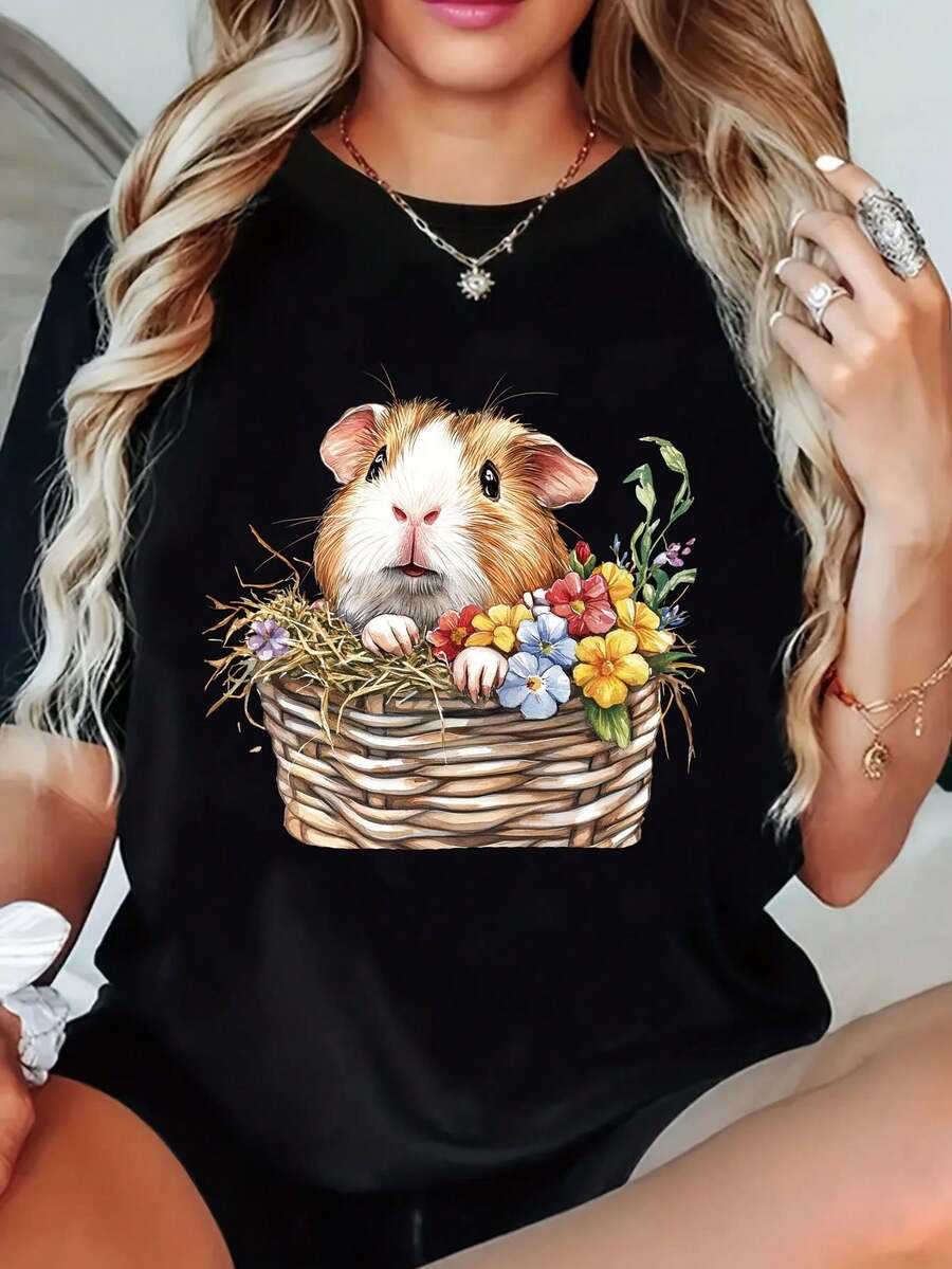 Women's Slim Fit Cute Guinea Pig & Basket Of Flowers T-Shirt - Short Sleeve Crew Neck Casual Top With Adorable Guinea Pig Graphic, Spring Summer Casual Attire, Machine Washable For Pet Lovers - 黑色 - 查看 1