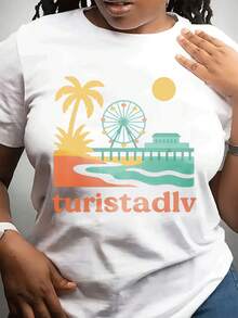 Camiseta de moda casual cuello redondo Festival de primavera de las mujeres | Sved corto, tejido estirable ligero, patrón geométrico, yo para Dailpor y regalo a amigos y familia - Blanco - Ver 2