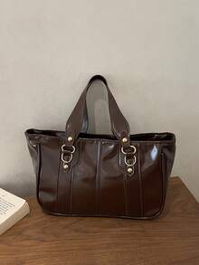1pc Coffee Brown Handbag, Spring New Arrival, Metal Rivet Decor, Solid Color PU Patchwork Design - Coffee Brown - View 3