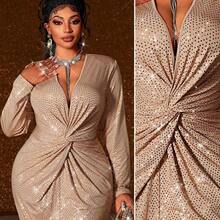 Maweii Plus Size Women's Elegant Shiny Silver Sequin Knit High Stretch Fabric Crossover V-Neck, Padded Shoulder, Waist Cinched Design, Women's Plus Size Autumn/Winter New Style, Suitable For Concerts, Fashionable Versatile Outerwear, Night Dates, Christmas, New Year, Fashionable Long Sleeve DressValentine's Day - Caqui - Ver 2