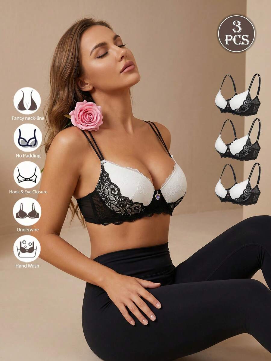 3pcs Women's Black & White Contrast Sexy Lace Padded Push-Up Bras - Black - View 1