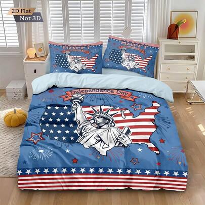 Blue Independence Day Statue Of Liberty Print Bedding Set, 1 Duvet Cover And 2 Pillow Shams (No Filling), High-Definition Dyeing, 100% Polyester Fabric, Oversized Double Bed Size, Comfortable And Soft, Zipper Closure, Machine Washable, Suitable For Home Bedroom, Guest Room, Travel Camping And Dormitory