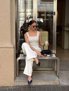 Outfit estivo canotta donna a pois con effetto snellente e orlo arricciato, moda di nicchia - Albicocca - Visualizzare 6