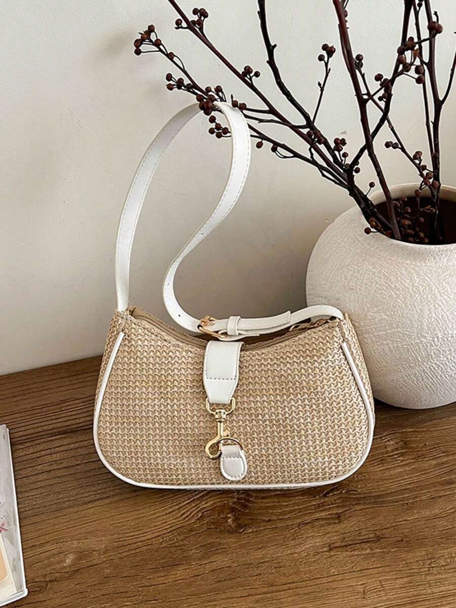 Túi đeo chéo bằng rơm dệt thời trang, kiểu dáng giản dị, thích hợp cho nữ, mùa hè. - trắng - Xem 1
