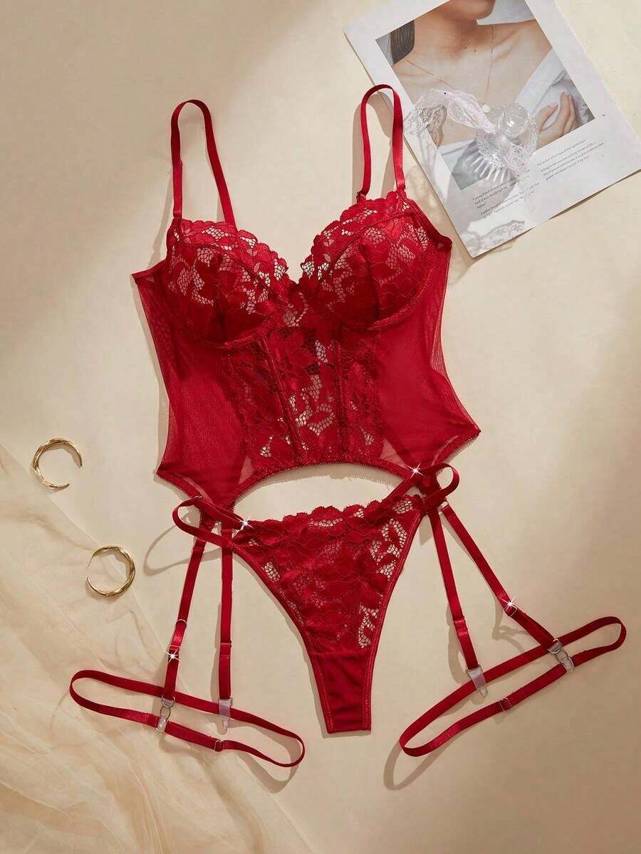 Women's Classic Sexy & Alluring Burgundy Floral Lace Lingerie Set With Thigh String Design For Valentine's Day Atmosphere Outfits - 酒紅色 - 查看 1