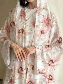 Women's Fashionable Middle Eastern Printed Casual Robe Jacket For Spring/Summer, Elegant Robe Pink - Pink - View 5