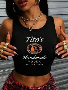 "Tito's Handmade Vodka" Graphic Letter Print Slim Fit Crop Tank Top, Y2K Aesthetic Sleeveless Black Vest, Funny Alcohol Brand Baby Tee, Party Bachelorette Weekend Gift, Blusas De Mujer En Tendencia, Casual Summer Streetwear Camisetas - 黑色 - 查看 1
