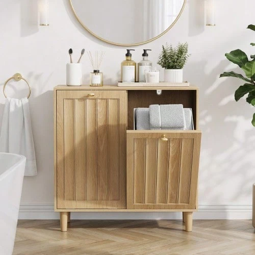 Slanted Laundry Basket With Removable Inner Basket, Bathroom Linen Cabinet, Concealed Laundry Basket, Freestanding Household Shelf, Oak Wood Color - 紫紅色 - 查看 1