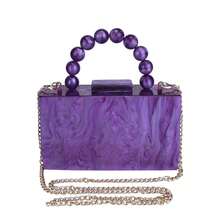 Milky Way Purple Marble Acrylic Box Clutch Bag With Beaded Handle & Gold Chain, Perfect For Wedding/Party - 紫色 - 查看 12