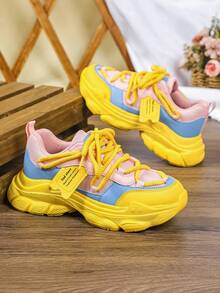Dopamine Fashion 女款坡跟厚底運動鞋，多色網布拼接，街頭風厚底粗獷運動鞋，四季百搭時尚女鞋 - 粉紅藍黃 - 查看 5