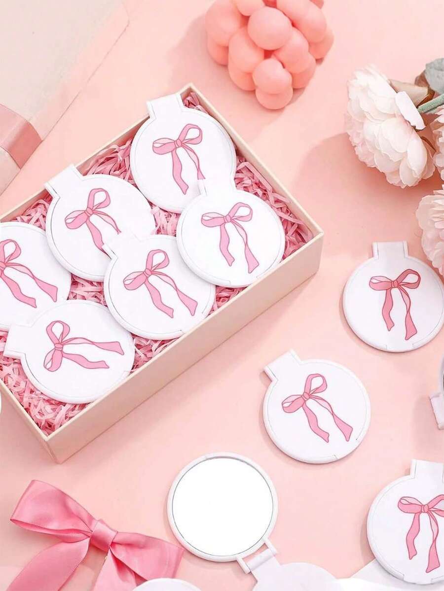 10pcs Pink Bow Mini Pocket Mirrors, Compact And Portable, Suitable As Gifts For Women, Birthday, Bride Wedding Party - Pink Bow - View 1