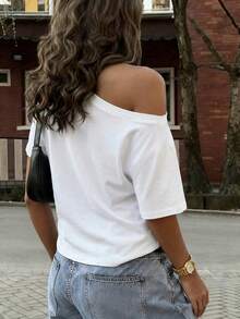 Ashlynn Casual Style Solid Color Open Shoulder Asymmetrical Neckline Short-Sleeve T-Shirt, Spring And Summer Style, Fashion, Casual Wear White - White - View 2