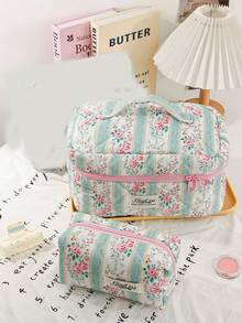 1pc Green Floral Print Cosmetic Bag Set, Zipper Makeup Organizer Bag For Skincare, Cosmetics, Lip Balm, Sunscreen, Hand Cream, Earphones, Coins, Small Items, Cute Makeup Pouch, Makeup Bag, Makeup Case, Essential For Daily Commute, Travel, Cruise, Dorm, Gift For Friend's Birthday, Bridesmaid, Mom, Teacher - Green - View 17