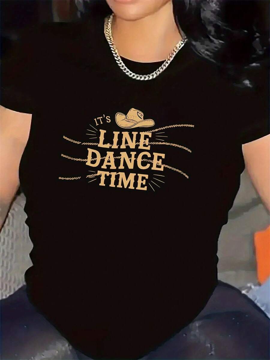 Short-Sleeved Black And White T-Shirt, Designed For Line Dancing In Restaurants. Made From Lightweight And Durable Fabric, It Offers Comfortable Wear, Making It Ideal For Parties And Events. Features A Stylish Graphic Cowboy Hat. - 黑色 - 查看 1