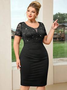 Plus Size Deep V-Neck Sequin Floral Lace Patchwork Bodycon Dress Black Elegant Summer - Black - View 5