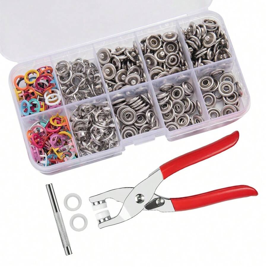 Juego de botones de presión metálicos, que incluye alicates y herramienta para presionar botones, botones de presión de 9,5 mm, adecuados para manualidades, ropa, sombreros, costura y proyectos textiles (multicolor). - A - Ver 1