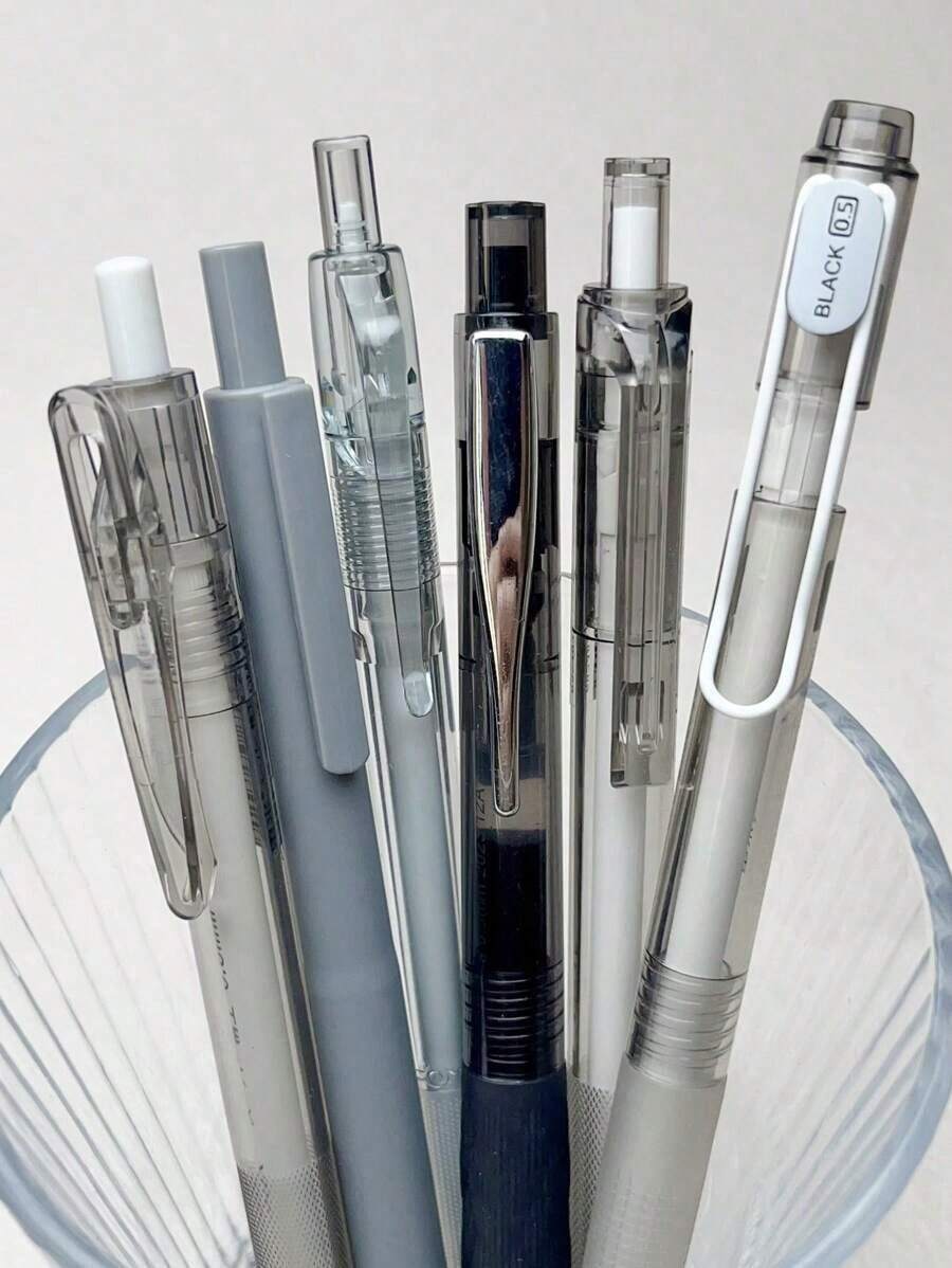6pcs Simple 0.5mm Black Ballpoint Pen, High Quality Smooth Writing Ink Pen For Students & Office, Easy To Use Back To School - Bộ phối màu đen và xám - Xem 1