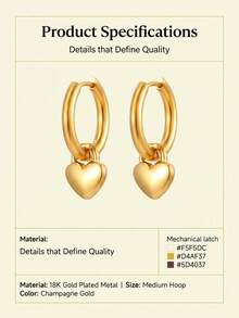 1 par de pendientes de aro con colgante de corazón chapados en oro de 18K, pendientes colgantes delicados hipoalergénicos para uso diario de mujeres - Amarillo Oro - Ver 5