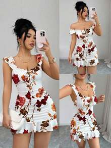 Vestido camisero con volantes en el bajo y hombros descubiertos, estilo vintage con estampado - Vestido entallado de línea A - Blanco y Negro 4 - Ver 9