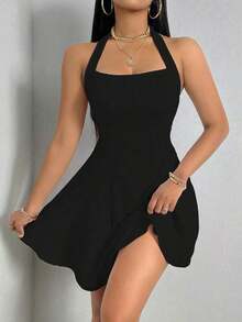 Vestido línea A unicolor de cuello halter de espalda abierta - Negro - Ver 8