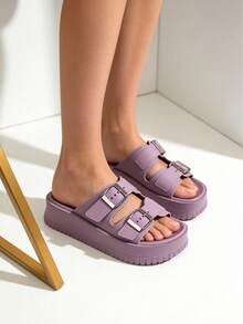 FZY Spring And Summer Women's Double-Strap Slide Sandals, Crafted From Soft, Wear-Resistant Fabric With Waterproof Performance, Featuring Bright Silver Metal Square Buckles With Adjustable Pin Closures To Fit Different Foot Shapes. Height-Increasing Slippers With A Highly Elastic Thick Platform Sole Design That Adds Height, Slims The Figure And Elongates Leg Lines. Casual Shoes With Serrated Anti-Slip Soles That Enhance Walking Safety, Fitting The Foot Shape For Comfortable, Breathable Wear, Beach Slide Sandals Suitable For Multiple Scenarios Including Daily Outings, Commuting To Work And Beach Vacations. Casual Outdoor Shoes That Pair Easily With Jeans,Boasting A Gentle Tone That Suits All Skin Tones And Multiple Styles, Outdoor Casual Shoes That Meet Women's Daily Wear And Comfort Needs. Combining Practicality And Appearance, Commute & Vacation Slide Sandals For Women Who Pursue Height Increase And Comfort, Casual Slide Sandals That Balance Appearance And Practicality In Easter Outfits. - Purple - View 3