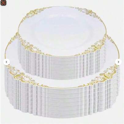 50/25/10/1pcs White Rimmed Embossed Dinnerware, Food Trays, Fruit Salad Plates, Dinner Plates, Dishes, Washable Salad Serving Set, Reusable, Easy To Clean, Suitable For Wedding Decor, Mother's Day, Father's Day, Birthday Party, Family Gathering, Outdoor Team Building, School Cafeteria And Kitchen Party Tableware, Dishes, Breakfast Platters, Trays