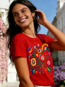 Mexican-Style T-Shirt With A Colorful Floral Print Featuring Festive Motifs, Casual Short-Sleeved Top With A Round Neck For Women. DWRM - 紅色 - 查看 7