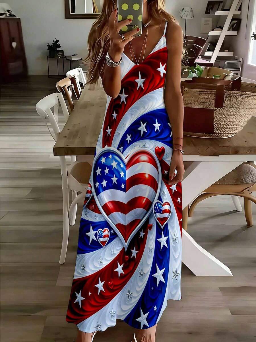 American Flag Heart Print Maxi Dress For Women Patriotic Independence Day Celebration Outfit Suitable For Casual And Sports Wear - 黑色 - 查看 1
