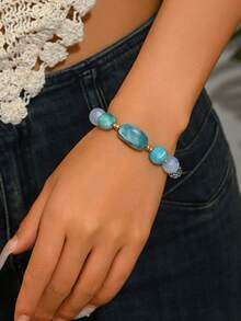 1pc Summer Beach Vacation Boho Style Mixed Color Agate Beaded Bracelet With Gold Spacer Beads, Adjustable Women Bracelet For Beach Party, Vacation, Music Festival - Beaded Bracelet - View 12