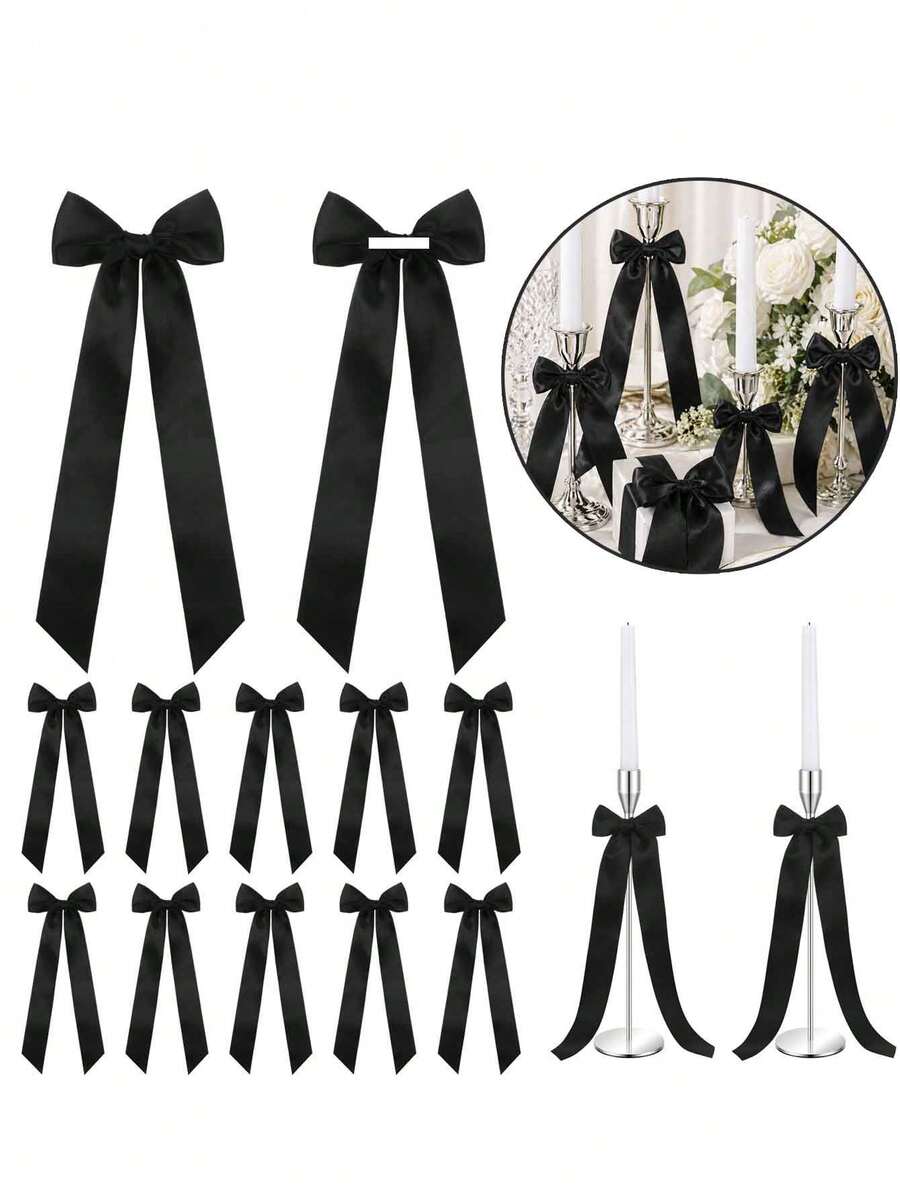 12pcs Black Candle Holders With Elegant Bow Decor, 13-Inch Large Size, Self-Adhesive Candle Holders For Desktop, Gift Packaging, Wedding Bride Party Centerpiece
