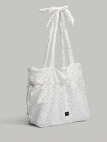 Back To School Black & White Polka Dot Canvas Tote Bag, Large Capacity Contrast Color Shoulder Bag, Suitable For College Students, Versatile Handbag, Underarm Tote Bag For Female Students - White - View 2