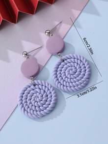 1 Pair Taro Purple Woven Texture Soft Clay Earrings, Double-Layer Circular Disc Elegant Earrings, Niche Design, French Gentle Style, Versatile For Daily Commute, Workplace, Spring Outing, Gathering With Friends, Date Night, Minimalist Chic Style, Student Campus Daily Outfit - Lilac Purple - View 3