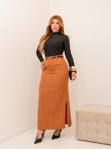 Female Fashion Saia longa Straight  dois cores com cinto preto O tecido é melhor que alfaiataria fashion feminina com fenda lateral com botoe ziper com bolsa laterais  Elegante Despojado - Marrom Claro - Visão 2