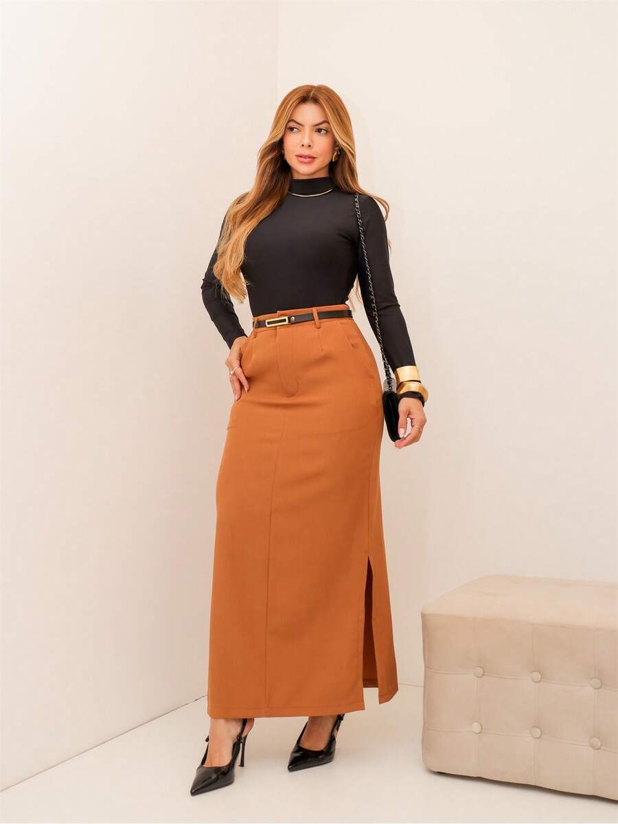 Female Fashion Saia longa Straight  dois cores com cinto preto O tecido é melhor que alfaiataria fashion feminina com fenda lateral com botoe ziper com bolsa laterais  Elegante Despojado
