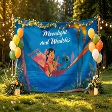 Disney Lilo & Stitch "Moonlight And Ukuleles" Themed Romantic Beach Print No-Hole Backdrop, Perfect For Parties, Camping, Home Decor, Scene Setup And Gathering Displays - 0 - View 2