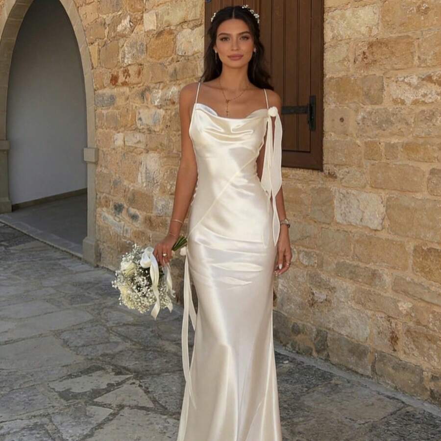 Wedding Guest & Summer Vacation Dress, Floral Embellishment Satin Maxi Gown For Beach Events - trắng - Xem 1