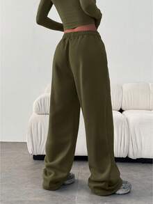 Pantalones de chándal casuales y sueltos de unicolor con cordón en la cintura para mujer, para invierno - Verde militar - Ver 5